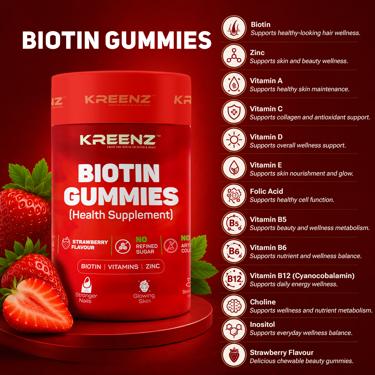 Kreenz Biotin Gummies for Hair, Skin & Nails | Strawberry Flavour | 60 Gummies