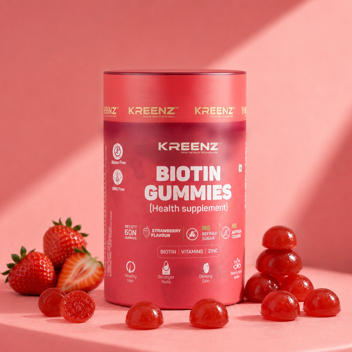 Kreenz Biotin Gummies for Hair, Skin & Nails | Strawberry Flavour | 60 Gummies