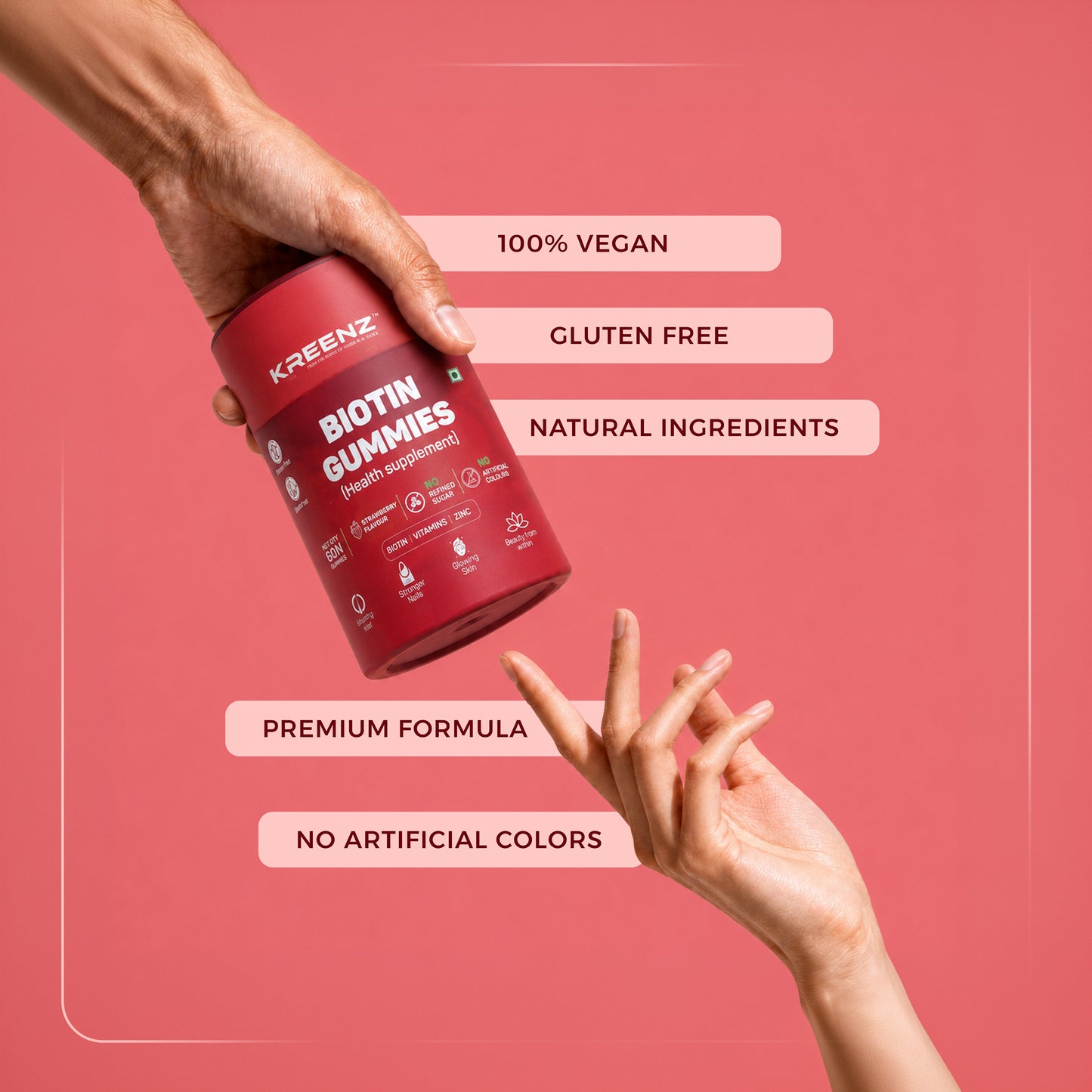 Kreenz Biotin Gummies for Hair, Skin & Nails | Strawberry Flavour | 60 Gummies
