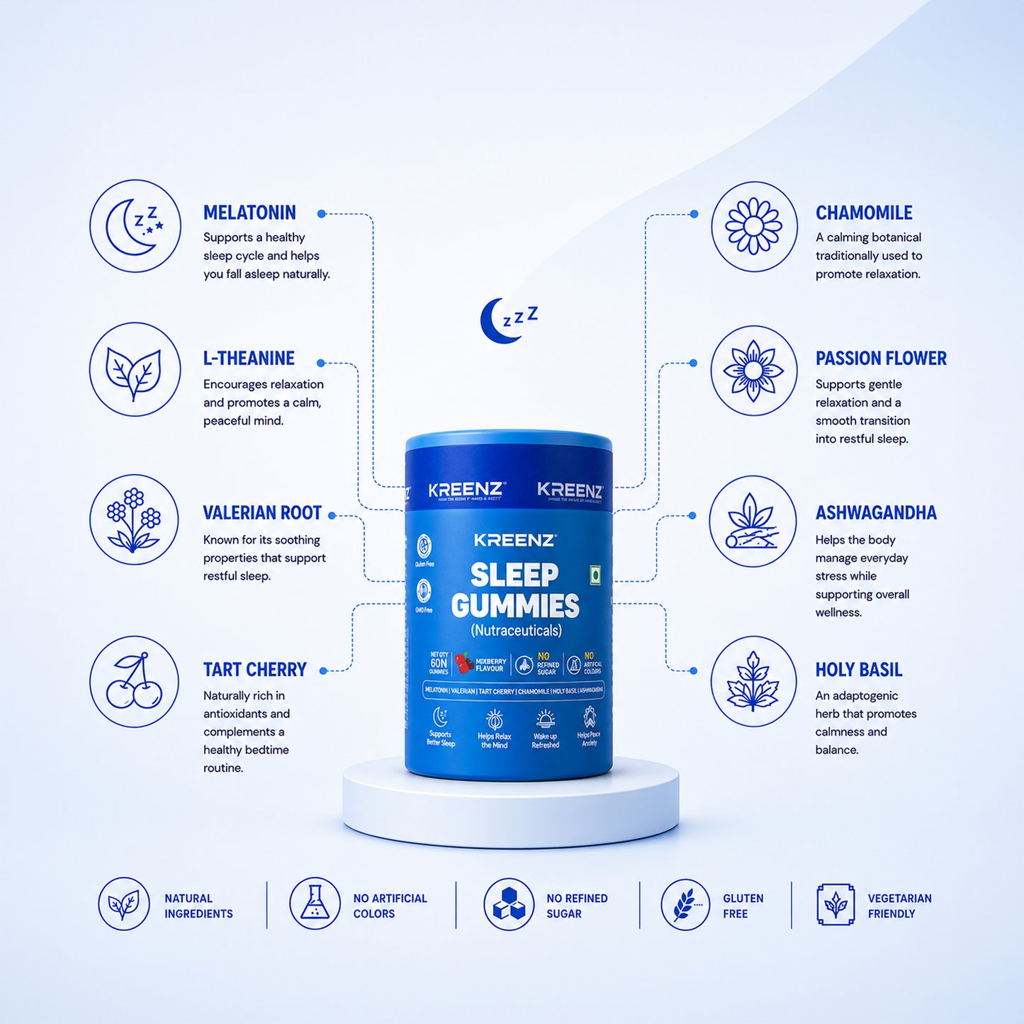 Kreenz Sleep Gummies with Melatonin | Calm & Relax Support | Mixed Berry | 60 Gummies