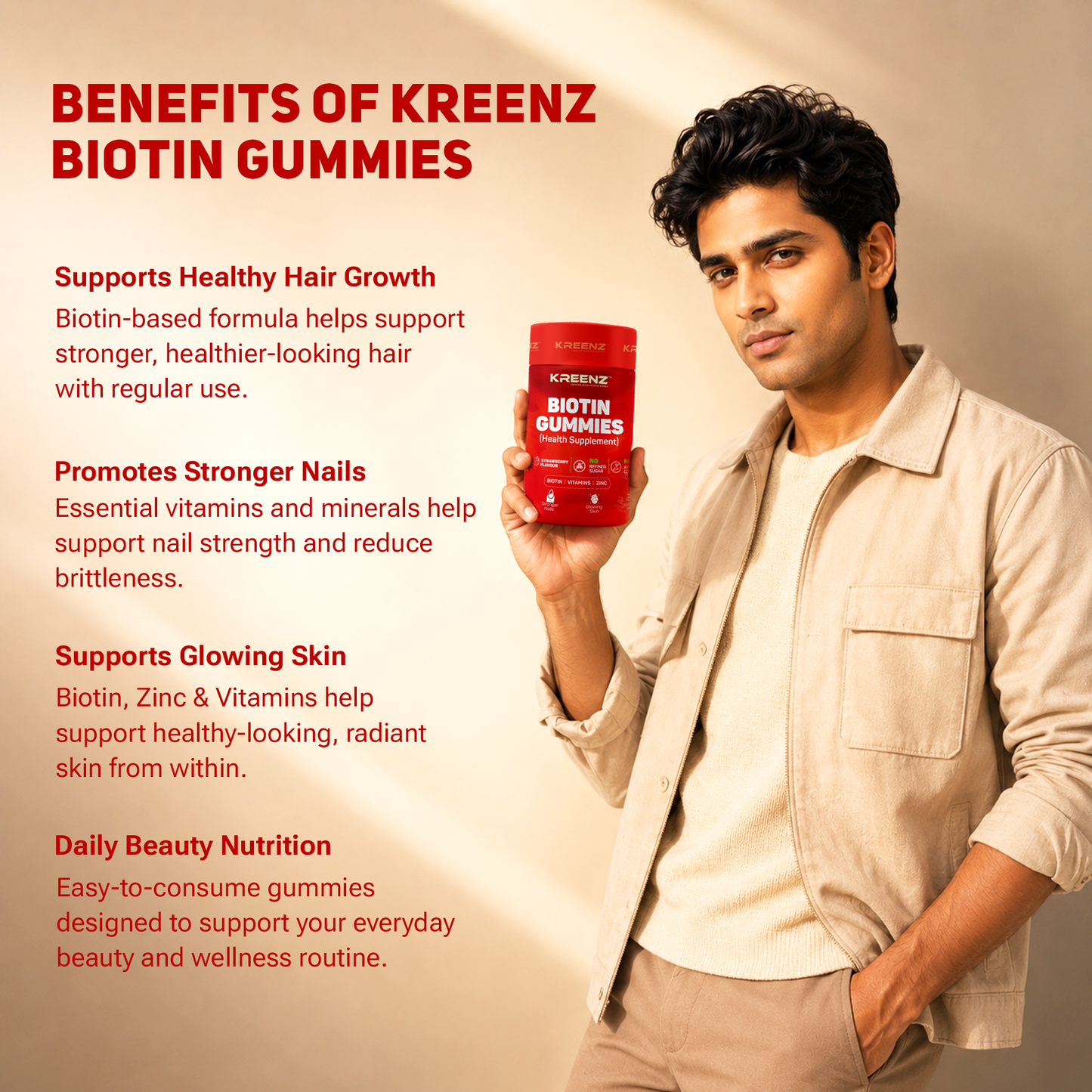 Kreenz Biotin Gummies for Hair, Skin & Nails | Strawberry Flavour | 60 Gummies