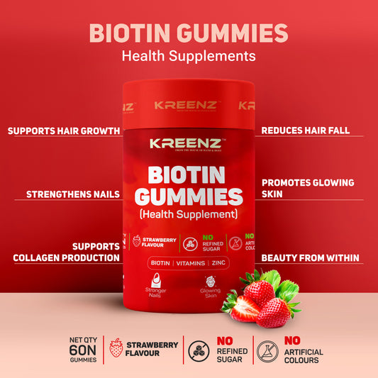 Kreenz Biotin Gummies for Hair, Skin & Nails | Strawberry Flavour | 60 Gummies