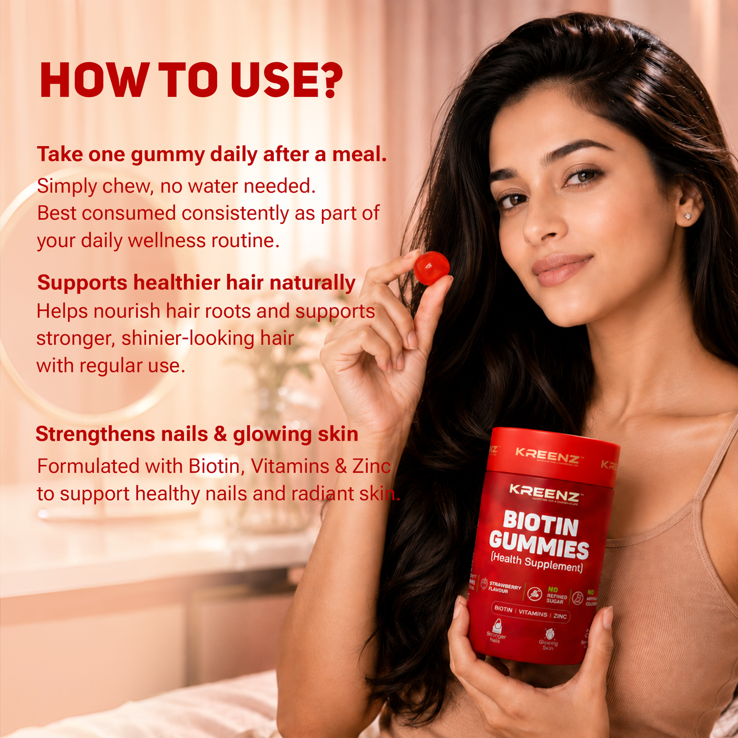 Kreenz Biotin Gummies for Hair, Skin & Nails | Strawberry Flavour | 60 Gummies