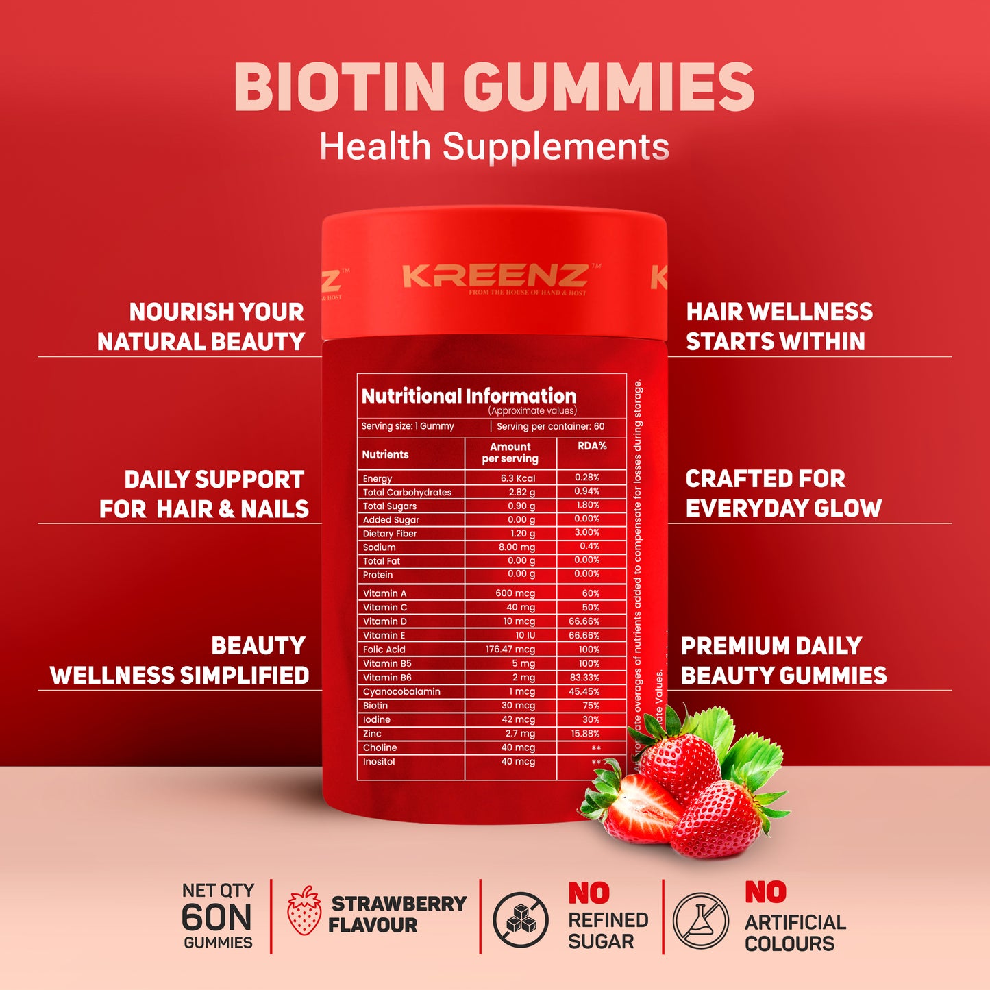 Kreenz Biotin Gummies for Hair, Skin & Nails | Strawberry Flavour | 60 Gummies