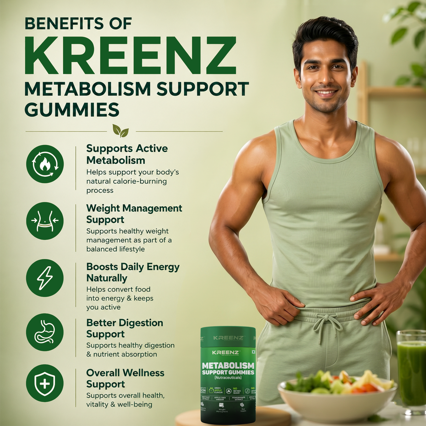 Kreenz Metabolism Support Gummies | Apple Cider Vinegar & Green Tea | 60 Gummies