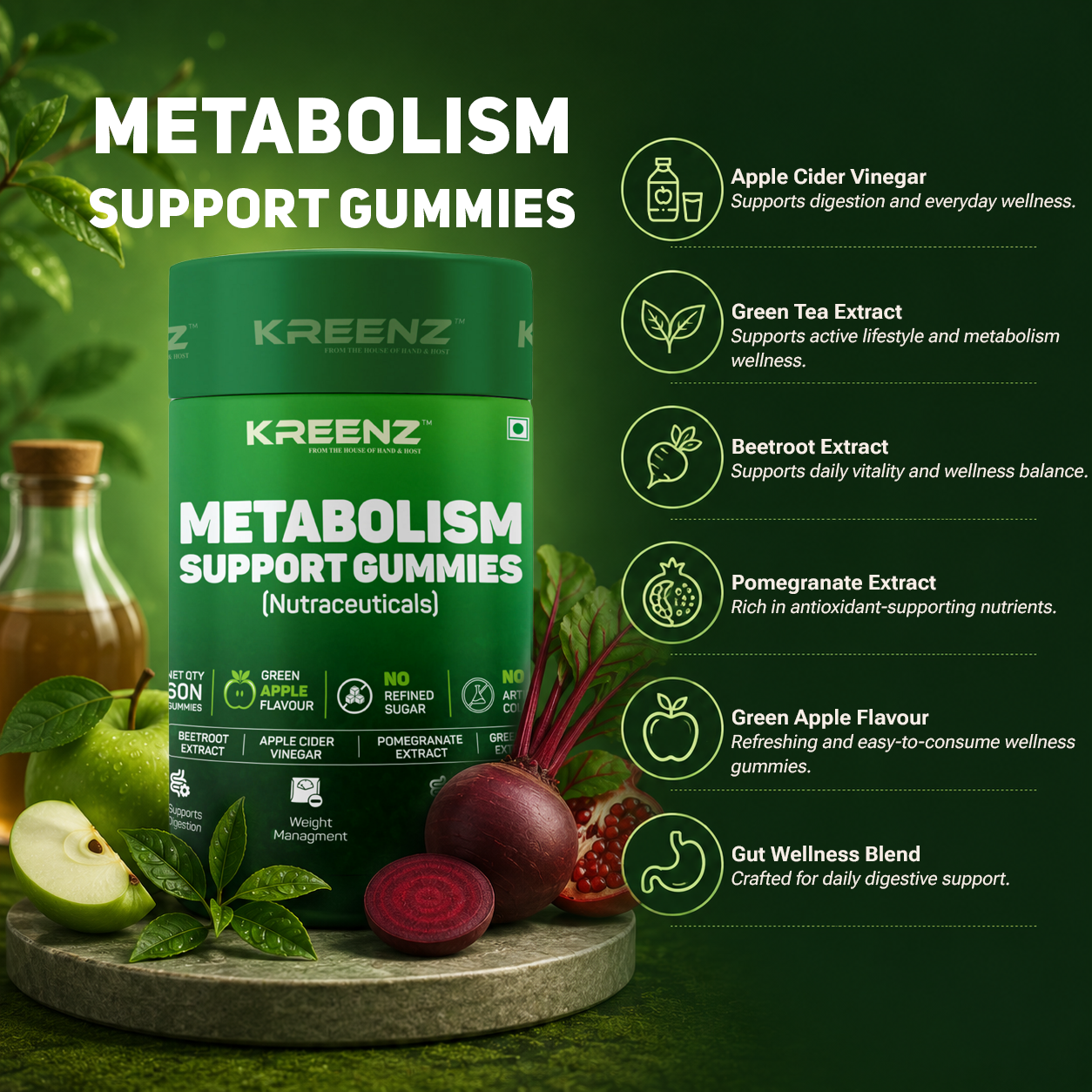 Kreenz Metabolism Support Gummies | Apple Cider Vinegar & Green Tea | 60 Gummies