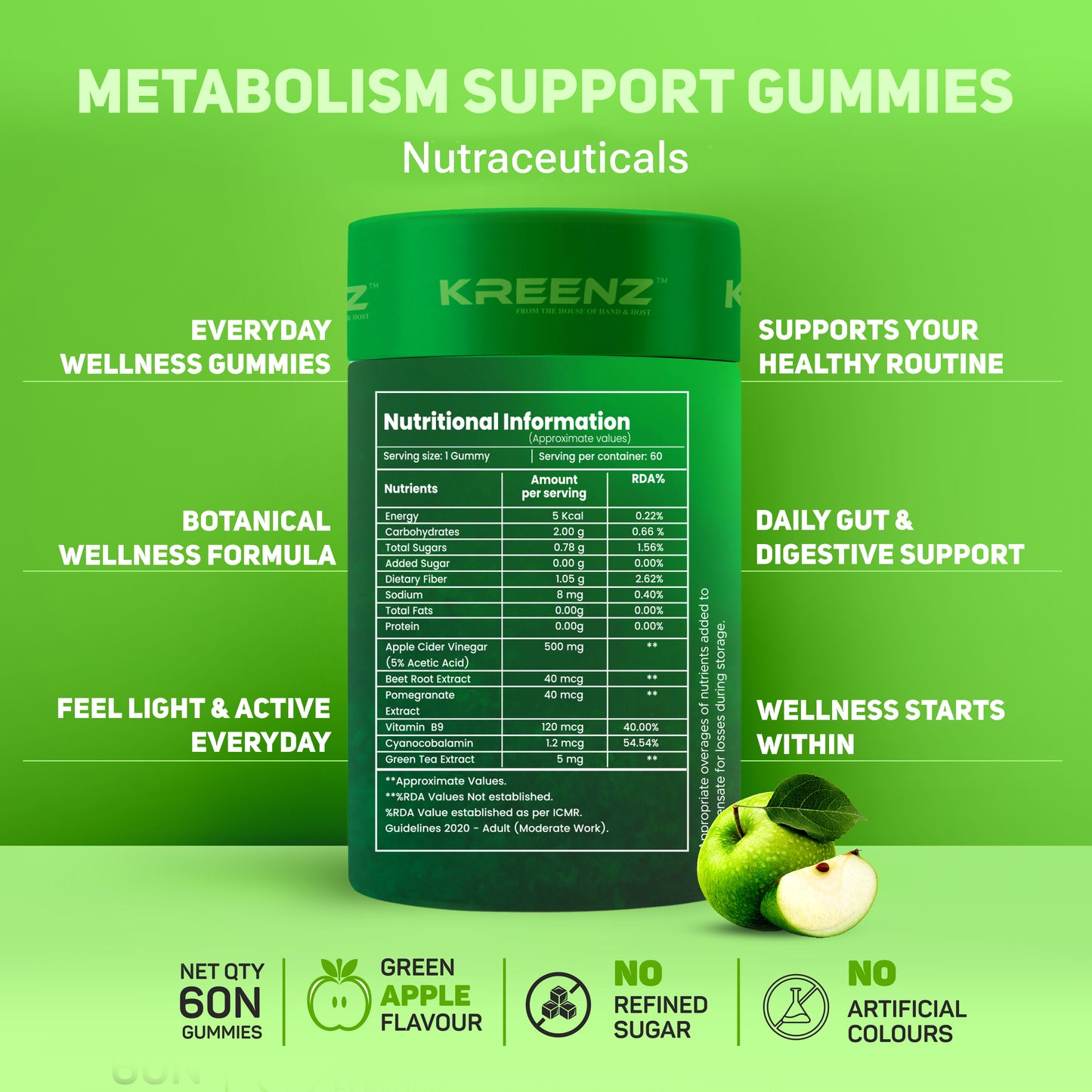 Kreenz Metabolism Support Gummies | Apple Cider Vinegar & Green Tea | 60 Gummies