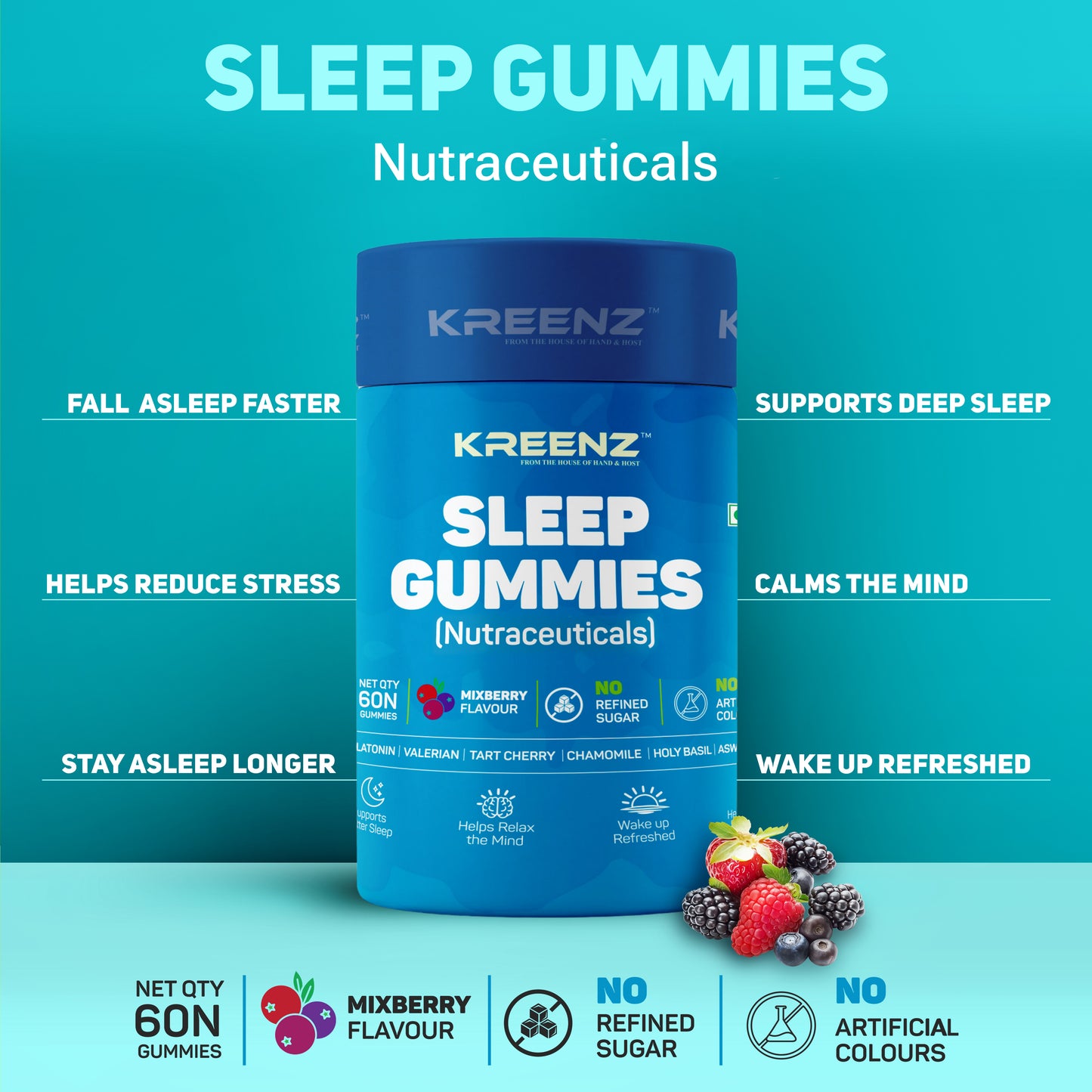 Kreenz Sleep Gummies with Melatonin | Calm & Relax Support | Mixed Berry | 60 Gummies