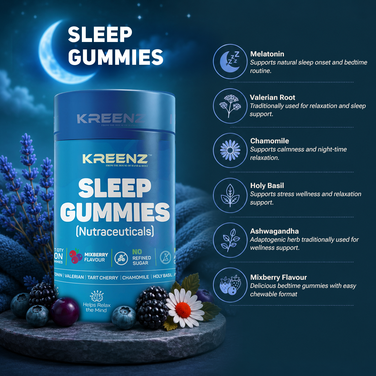 Kreenz Sleep Gummies with Melatonin | Calm & Relax Support | Mixed Berry | 60 Gummies