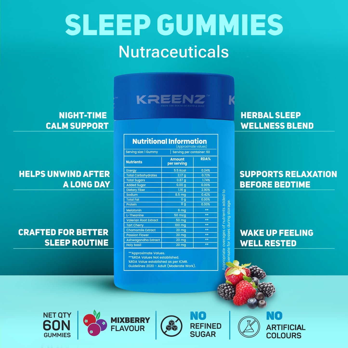 Kreenz Sleep Gummies with Melatonin | Calm & Relax Support | Mixed Berry | 60 Gummies